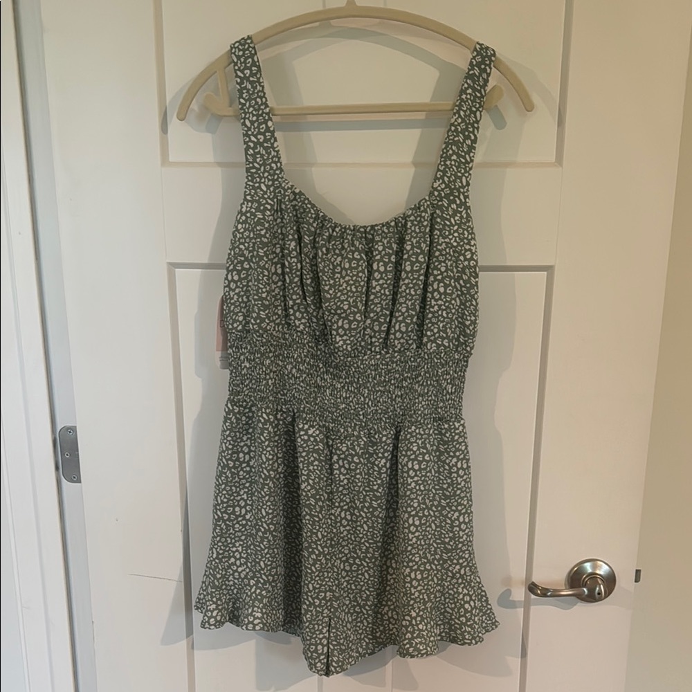Green and White Leopard Print Smocked Romper